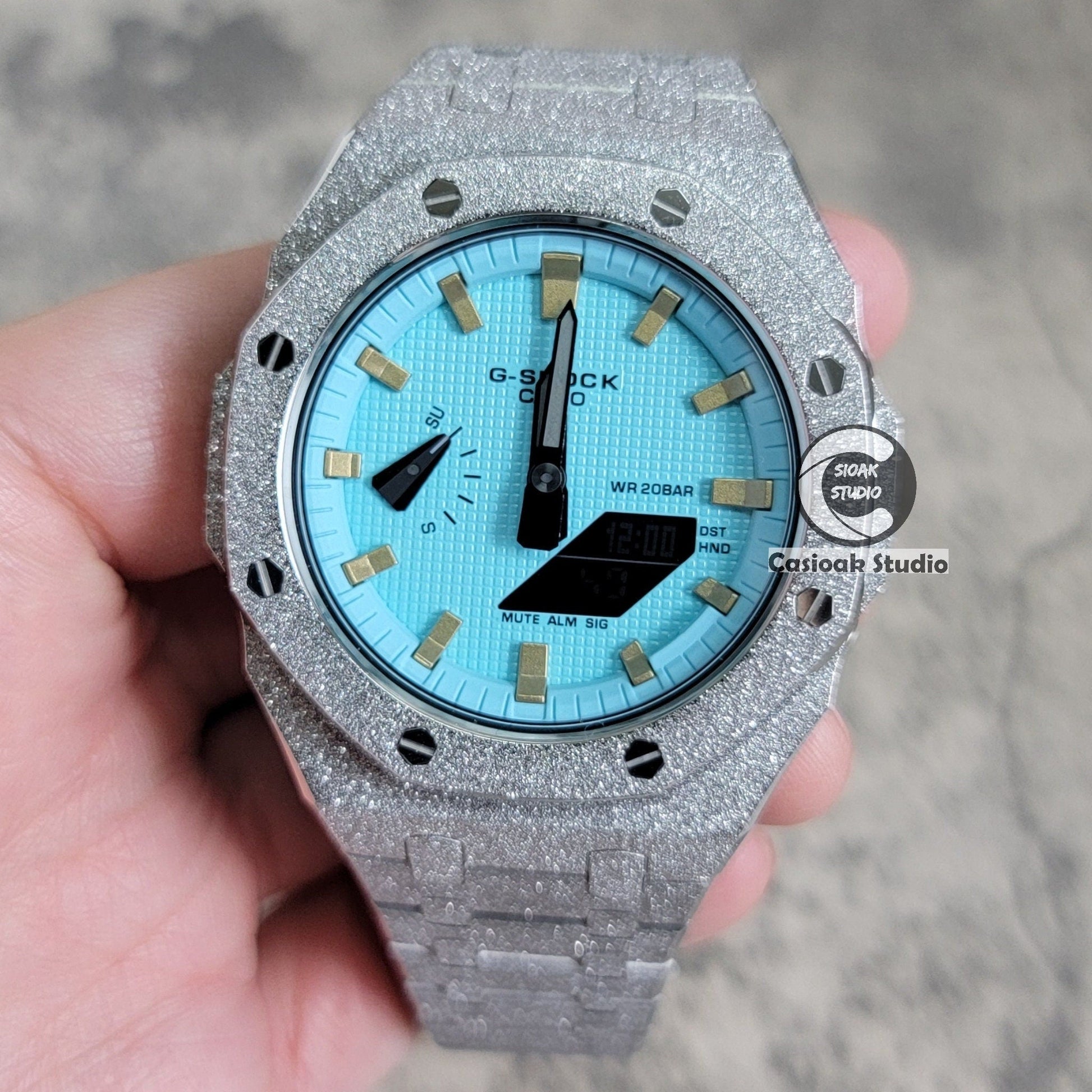 Casioak Mod Watch Frosted Silver Case Metal Strap Tiff Gold Time Mark Tiff Blue Dial 44mm- Casioak Mod Casio G-Shock Royal Oak Custom Mens Luxury Watches Ga2100