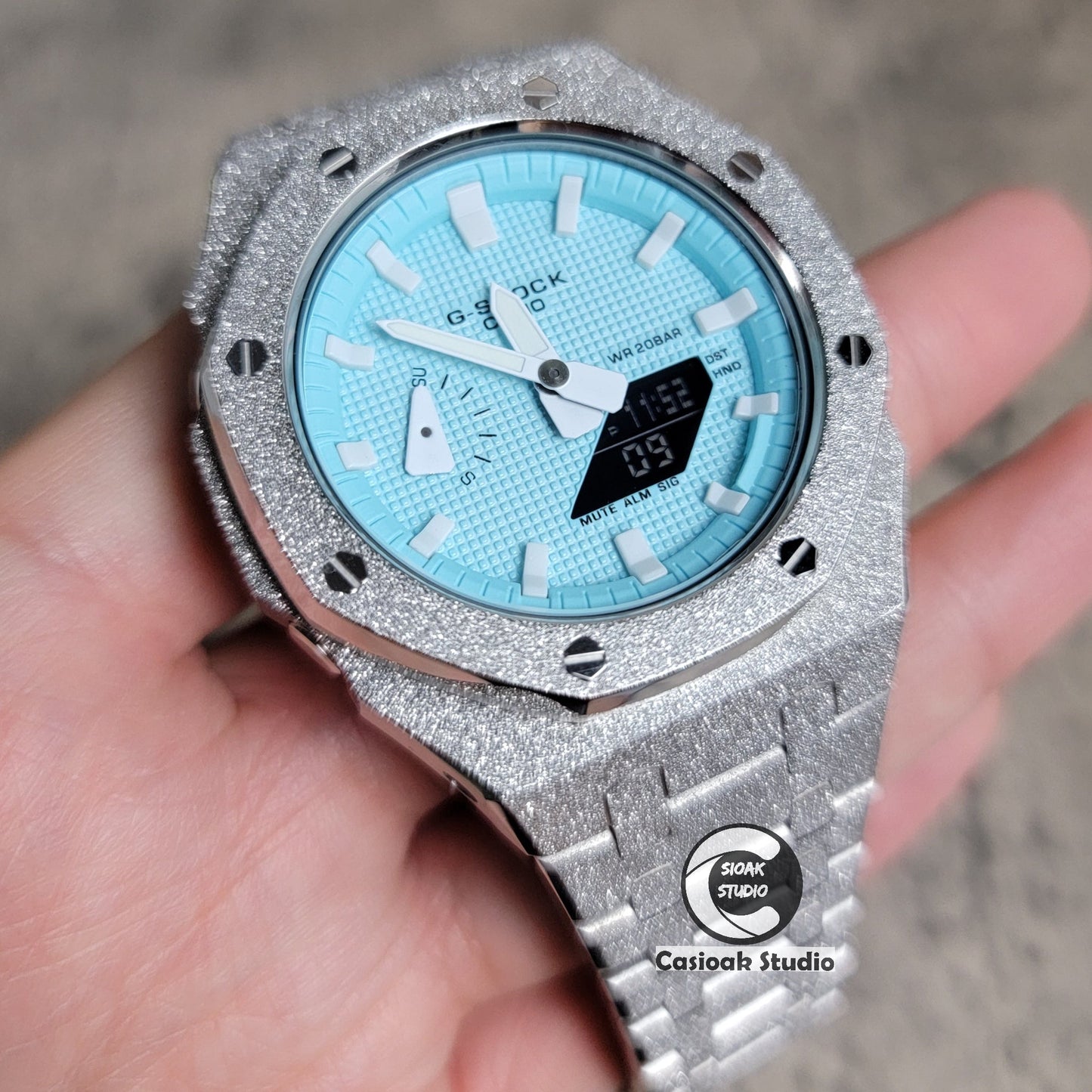 Casioak Mod Watch Frosted Silver Case Metal Strap Tiff White Time Mark Tiff Blue Dial 44mm- Casioak Mod Casio G-Shock Royal Oak Custom Mens Luxury Watches Ga2100