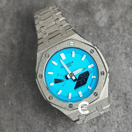 Casioak Mod Watch Frosted Silver Case Metal Strap Tiff White Time Mark Tiff Blue Dial 44mm- Casioak Mod Casio G-Shock Royal Oak Custom Mens Luxury Watches Ga2100