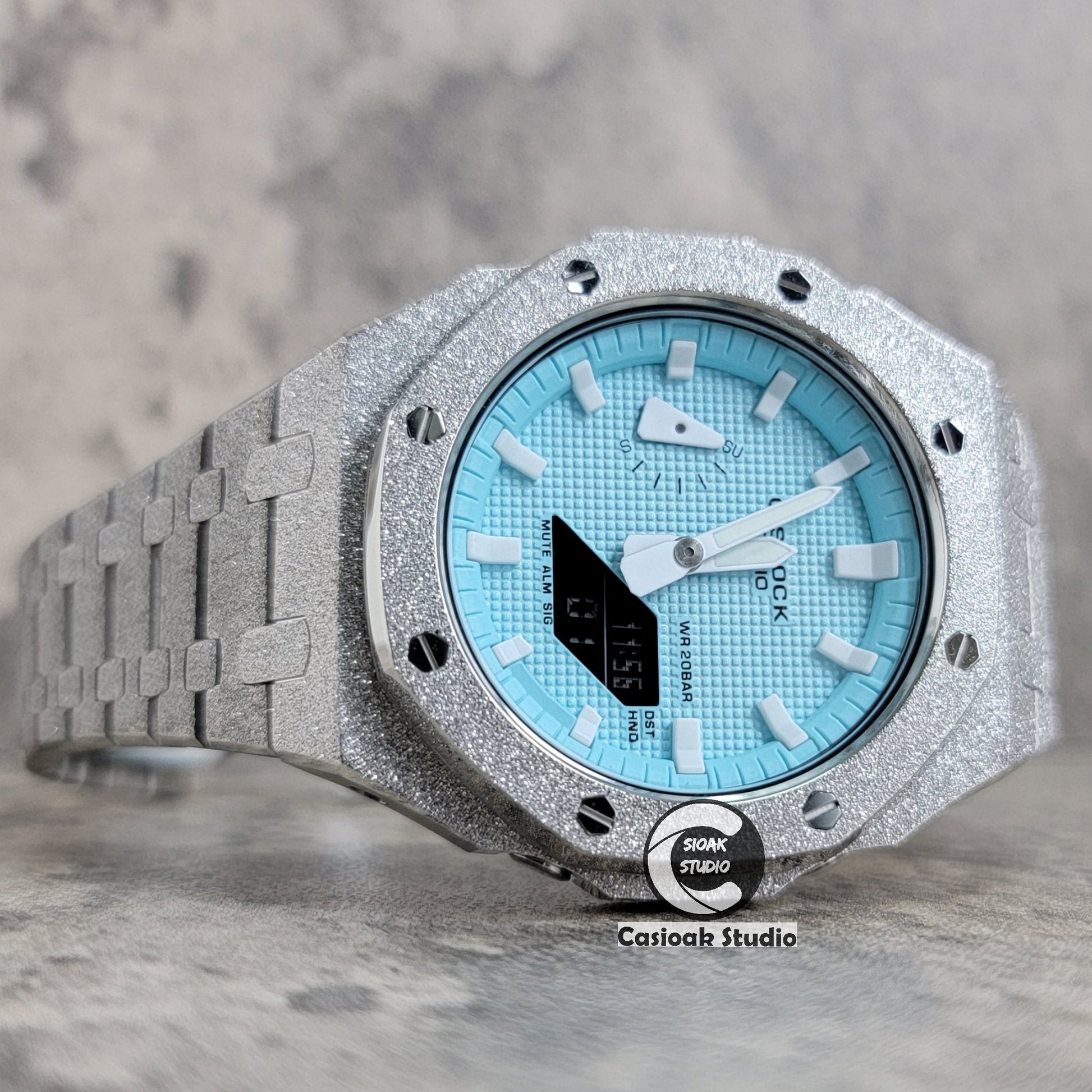 Casioak Mod Watch Frosted Silver Case Metal Strap Tiff White Time Mark Tiff Blue Dial 44mm- Casioak Mod Casio G-Shock Royal Oak Custom Mens Luxury Watches Ga2100