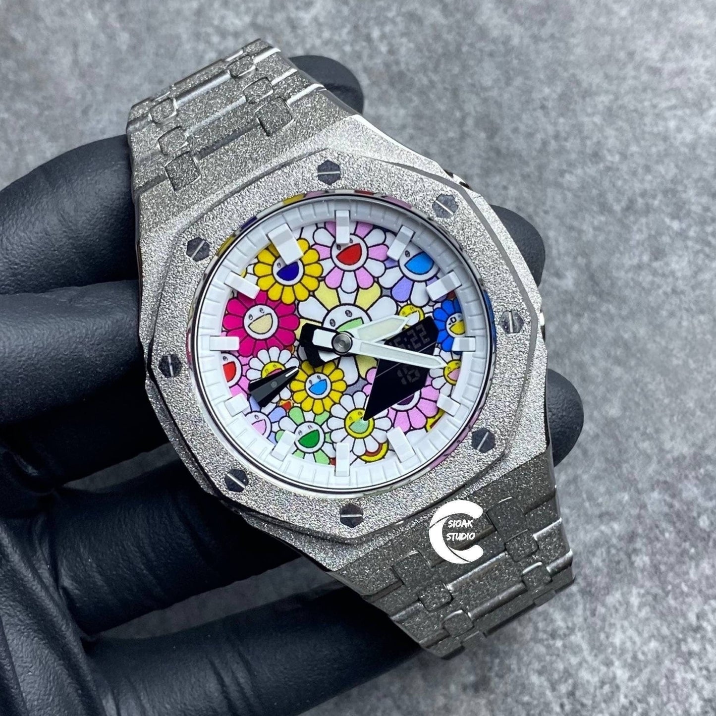 Casioak Mod Watch Frosted Silver Case Metal Strap White Time Mark Takashi Murakami Dial 44mm- Casioak Mod Casio G-Shock Royal Oak Custom Mens Luxury Watches Ga2100