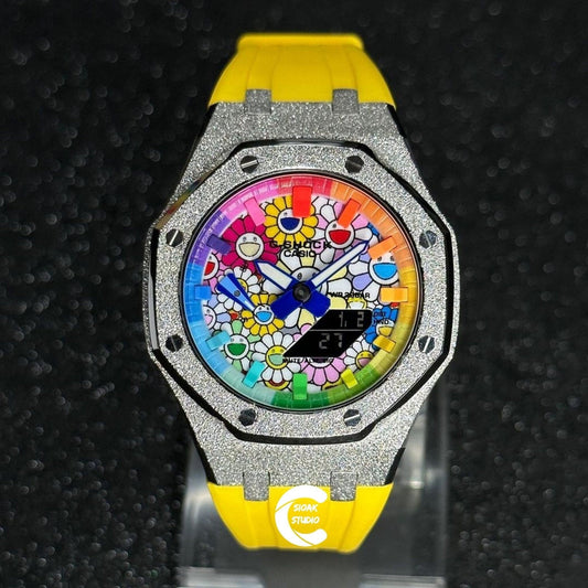 Casioak Mod Watch Frosted Silver Case Yellow Strap Rainbow Time Mark Takashi Murakami Dial 44mm Gift Men- Casioak Mod Casio G-Shock Royal Oak Custom Mens Luxury Watches Ga2100