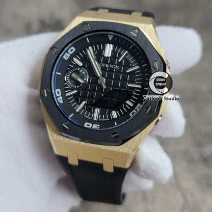 Casioak Mod Watch Gold Black Case Black Rubber Strap Strap Black Time Mark Black Dial 44mm Sapphire Crystal- Casioak Mod Casio G-Shock Royal Oak Custom Mens Luxury Watches Ga2100