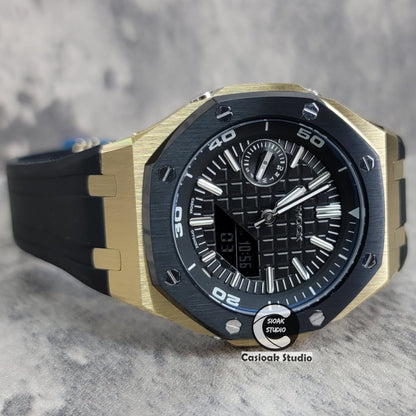 Casioak Mod Watch Gold Black Case Black Rubber Strap Strap Black Time Mark Black Dial 44mm Sapphire Crystal- Casioak Mod Casio G-Shock Royal Oak Custom Mens Luxury Watches Ga2100