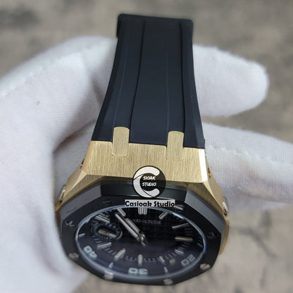 Casioak Mod Watch Gold Black Case Black Rubber Strap Strap Black Time Mark Black Dial 44mm Sapphire Crystal- Casioak Mod Casio G-Shock Royal Oak Custom Mens Luxury Watches Ga2100