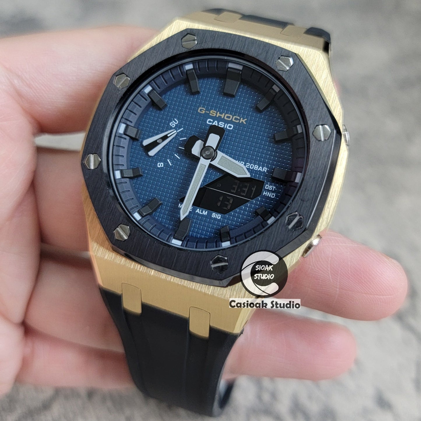 Casioak Mod Watch Gold Black Case Black Strap Blue Black Time Mark Blue Waffle Dial 44mm- Casioak Mod Casio G-Shock Royal Oak Custom Mens Luxury Watches Ga2100