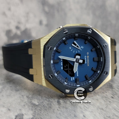 Casioak Mod Watch Gold Black Case Black Strap Blue Black Time Mark Blue Waffle Dial 44mm- Casioak Mod Casio G-Shock Royal Oak Custom Mens Luxury Watches Ga2100