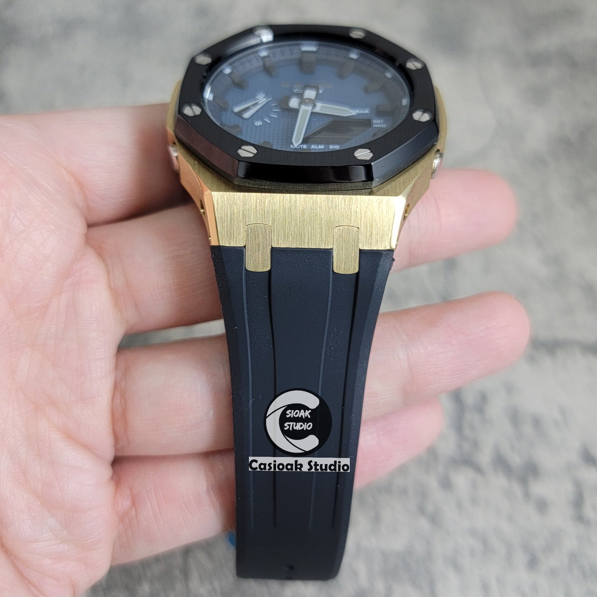 Casioak Mod Watch Gold Black Case Black Strap Blue Black Time Mark Blue Waffle Dial 44mm- Casioak Mod Casio G-Shock Royal Oak Custom Mens Luxury Watches Ga2100