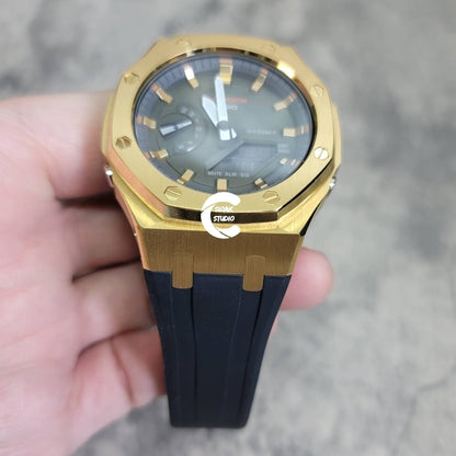 Casioak Mod Watch Gold Case Black Rubber Strap Black Gold Time Mark OIive Dial 44mm- Casioak Mod Casio G-Shock Royal Oak Custom Mens Luxury Watches Ga2100