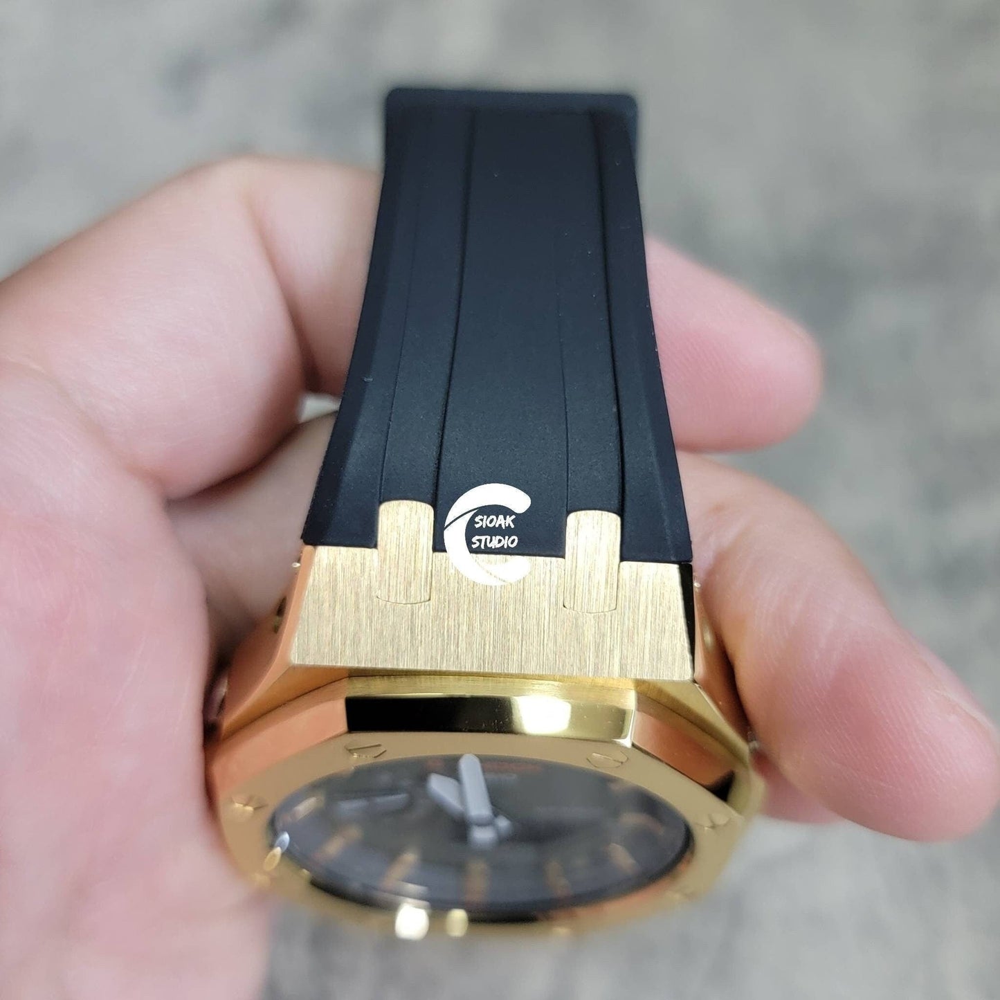 Casioak Mod Watch Gold Case Black Rubber Strap Black Gold Time Mark OIive Dial 44mm- Casioak Mod Casio G-Shock Royal Oak Custom Mens Luxury Watches Ga2100