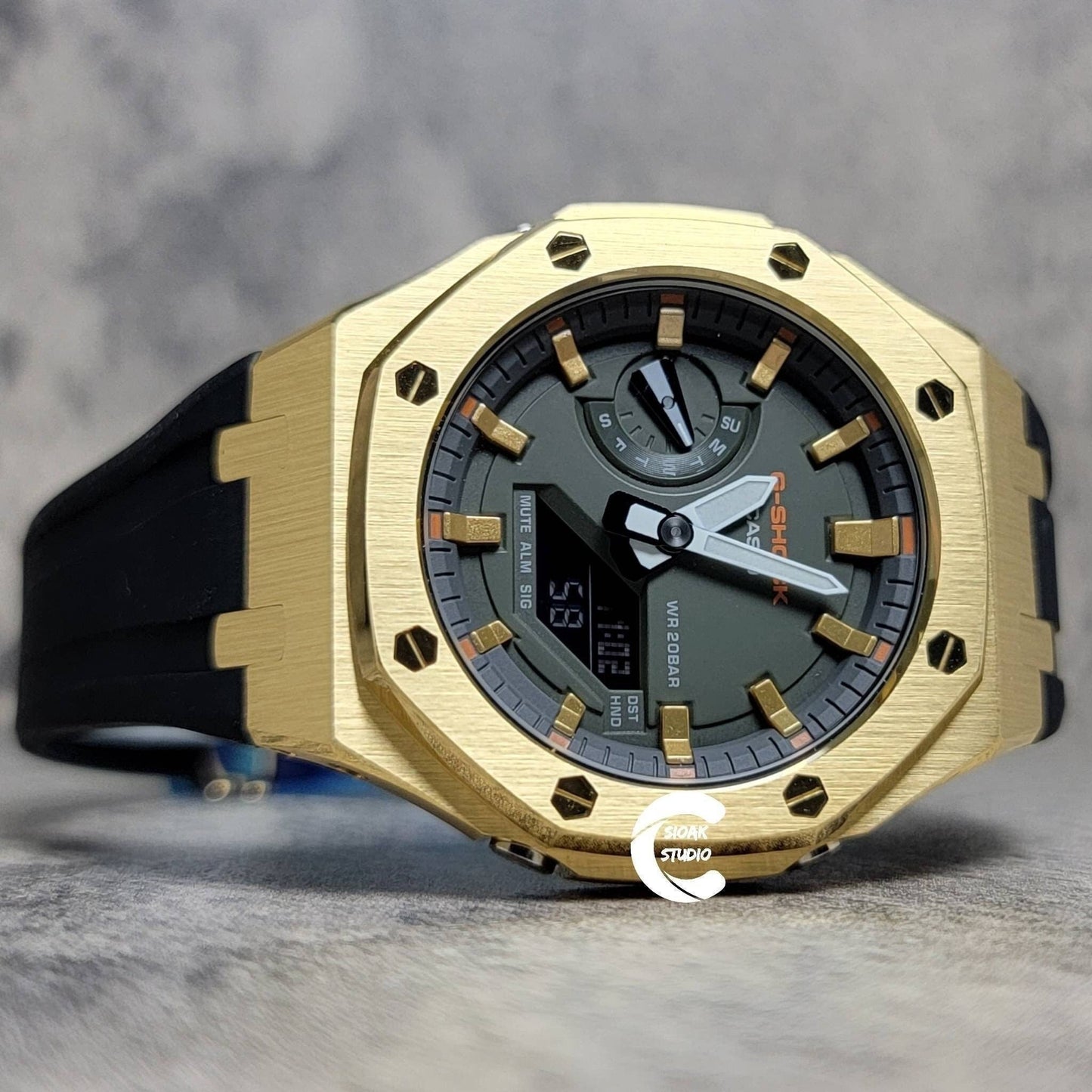 Casioak Mod Watch Gold Case Black Rubber Strap Black Gold Time Mark OIive Dial 44mm- Casioak Mod Casio G-Shock Royal Oak Custom Mens Luxury Watches Ga2100