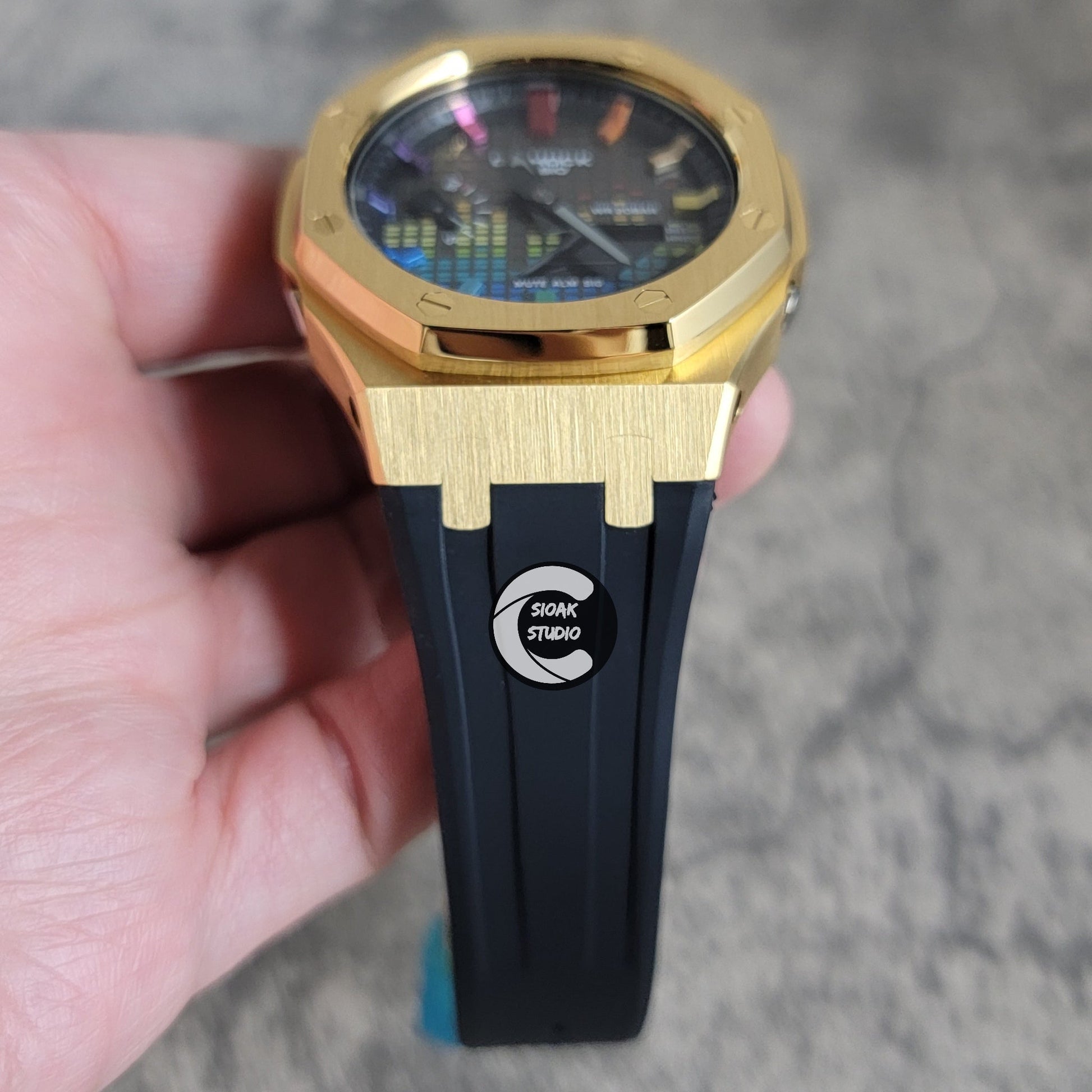 Casioak Mod Watch Gold Case Black Rubber Strap Black Rainbow Time Mark Music Dial 44mm- Casioak Mod Casio G-Shock Royal Oak Custom Mens Luxury Watches Ga2100