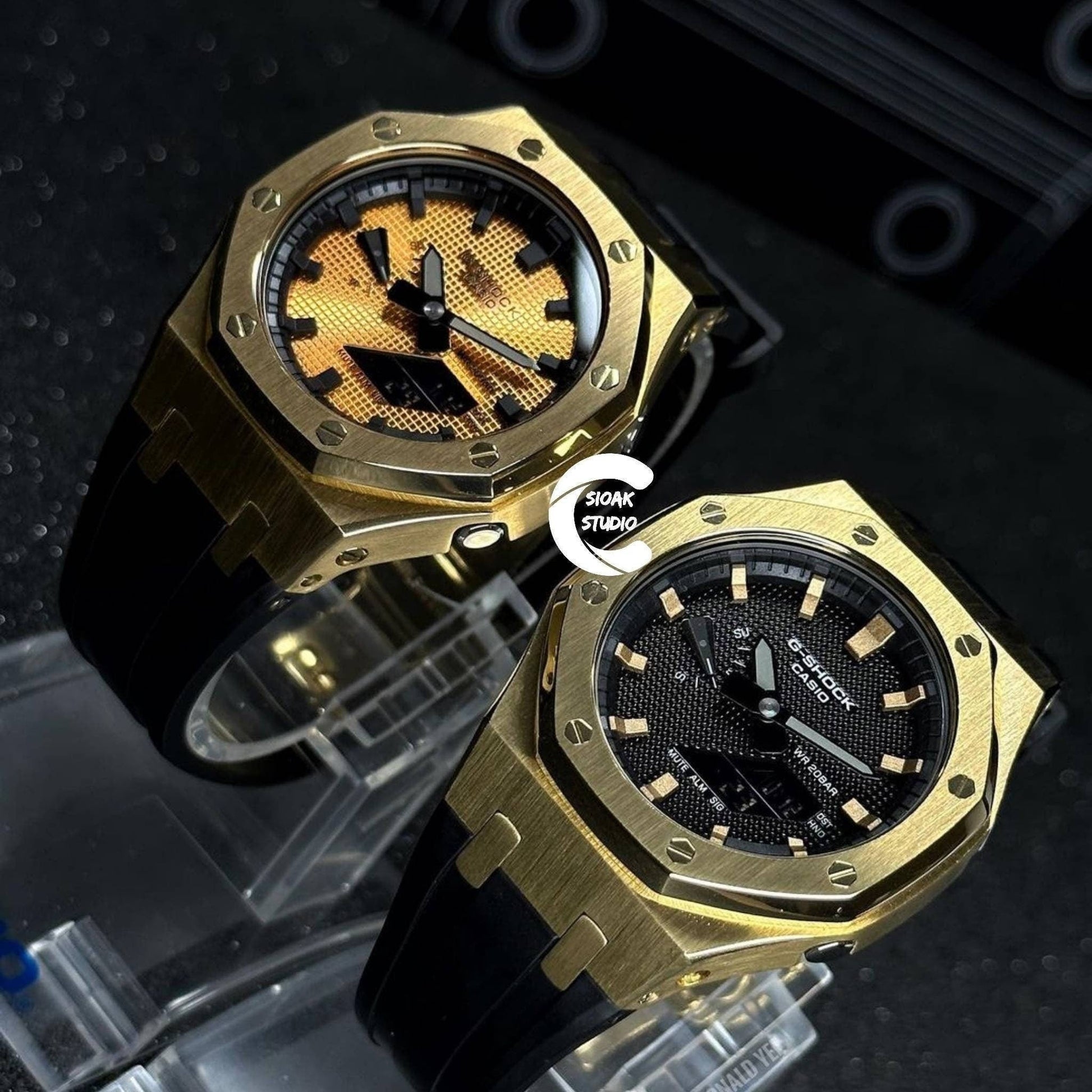 Casioak Mod Watch Gold Case Black Rubber Strap Black Time Mark Gold Dial 44mm- Casioak Mod Casio G-Shock Royal Oak Custom Mens Luxury Watches Ga2100