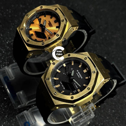 Casioak Mod Watch Gold Case Black Rubber Strap Black Time Mark Gold Dial 44mm- Casioak Mod Casio G-Shock Royal Oak Custom Mens Luxury Watches Ga2100