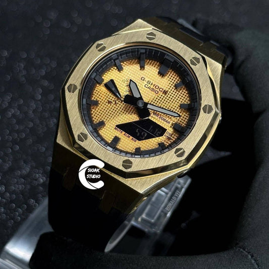 Casioak Mod Watch Gold Case Black Rubber Strap Black Time Mark Gold Dial 44mm- Casioak Mod Casio G-Shock Royal Oak Custom Mens Luxury Watches Ga2100