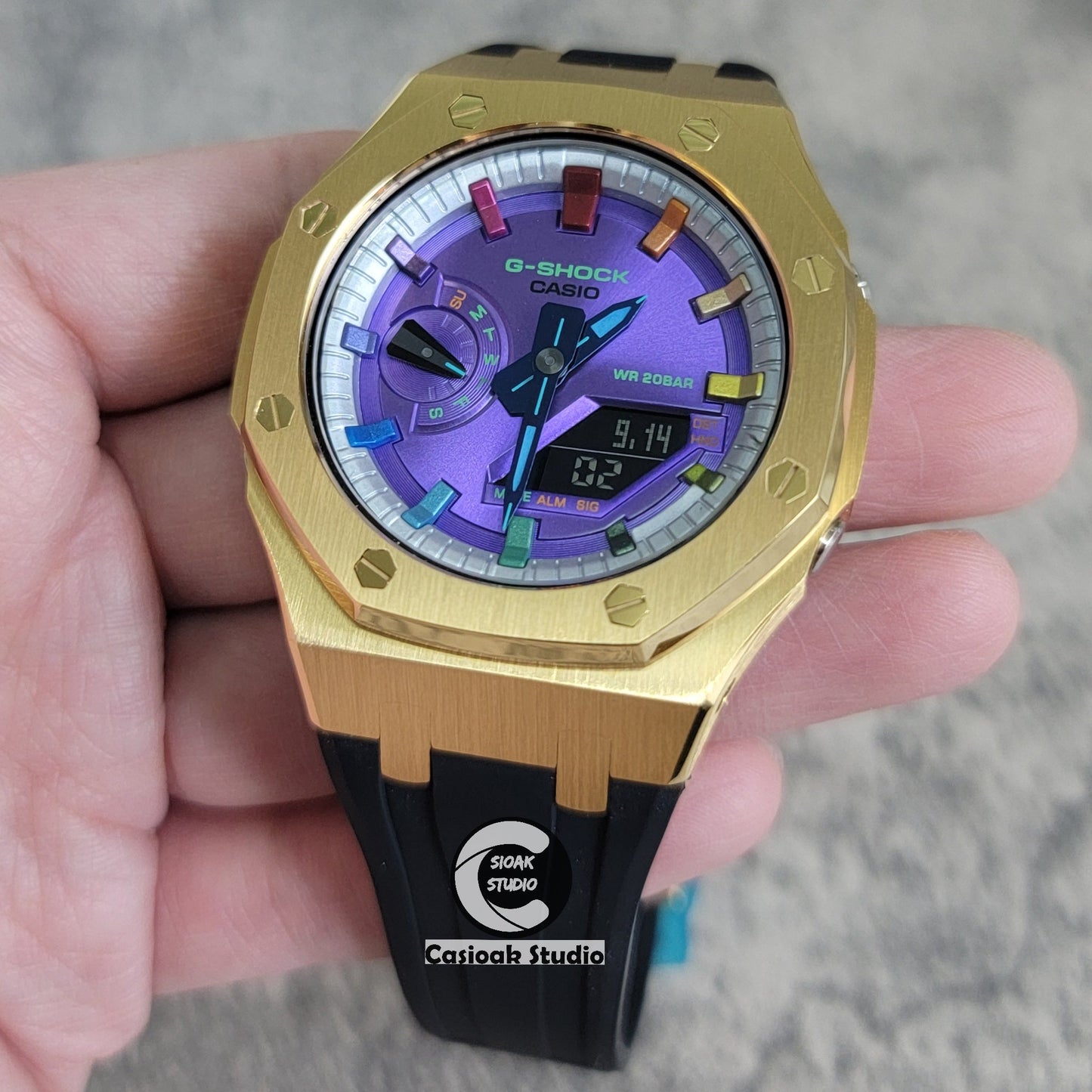 Casioak Mod Watch Gold Case Black Rubber Strap Silver Rainbow Time Mark Purple Dial 44mm- Casioak Mod Casio G-Shock Royal Oak Custom Mens Luxury Watches Ga2100