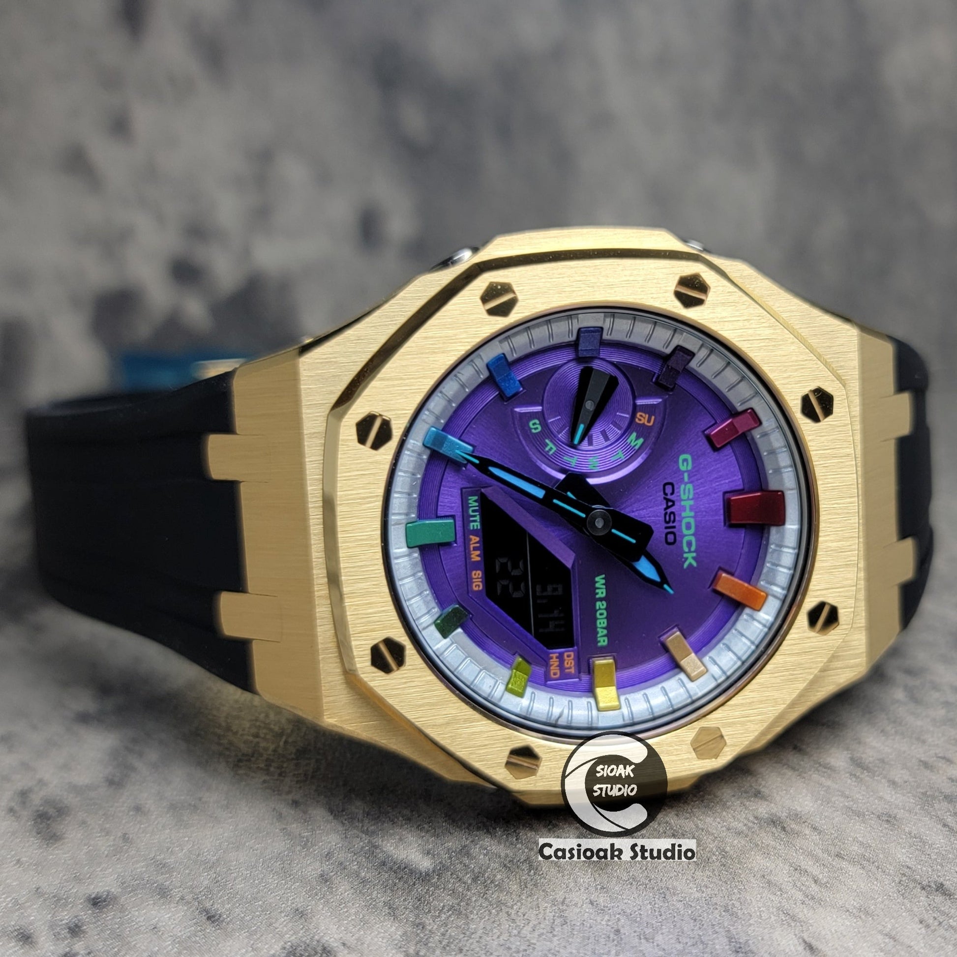 Casioak Mod Watch Gold Case Black Rubber Strap Silver Rainbow Time Mark Purple Dial 44mm- Casioak Mod Casio G-Shock Royal Oak Custom Mens Luxury Watches Ga2100