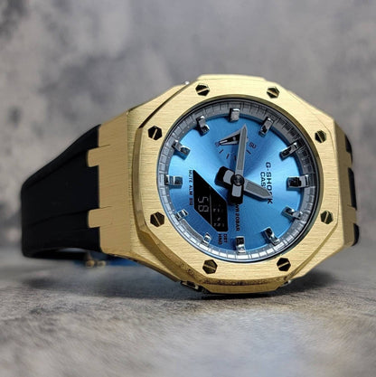 Casioak Mod Watch Gold Case Black Rubber Strap Silver Time Mark Ice Blue Dial 44mm- Casioak Mod Casio G-Shock Royal Oak Custom Mens Luxury Watches Ga2100