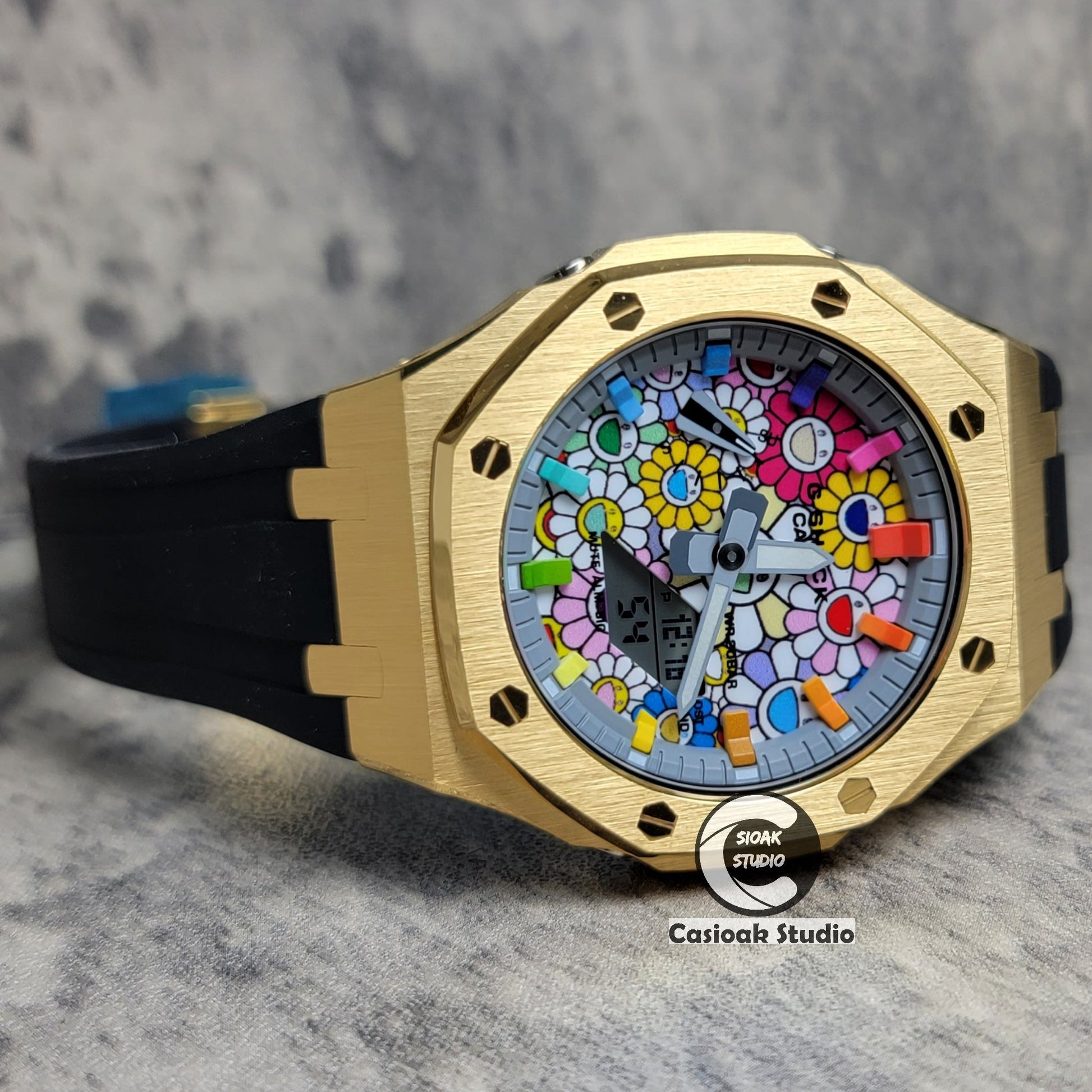 Casioak Mod Watch Gold Case Black Rubber Strap Strap Gray Rainbow Time Mark TAKASHI MURAKAM Dial 44mm- Casioak Mod Casio G-Shock Royal Oak Custom Mens Luxury Watches Ga2100