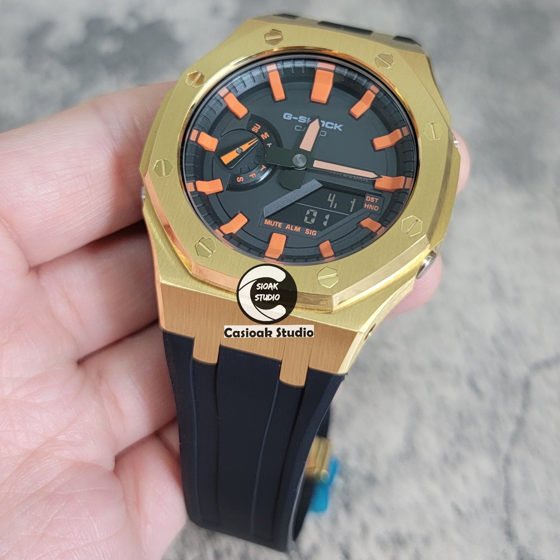 Casioak Mod Watch Gold Case Blackl Rubber Strap Black Orange Time Mark Black Dial 44mm- Casioak Mod Casio G-Shock Royal Oak Custom Mens Luxury Watches Ga2100