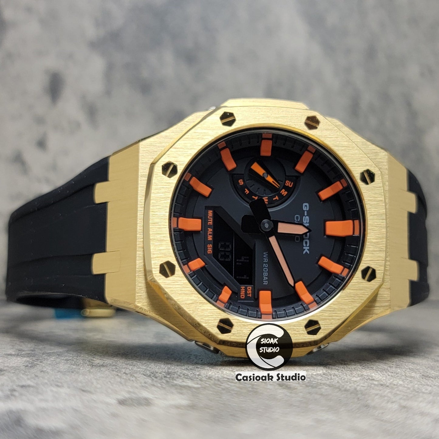 Casioak Mod Watch Gold Case Blackl Rubber Strap Black Orange Time Mark Black Dial 44mm- Casioak Mod Casio G-Shock Royal Oak Custom Mens Luxury Watches Ga2100