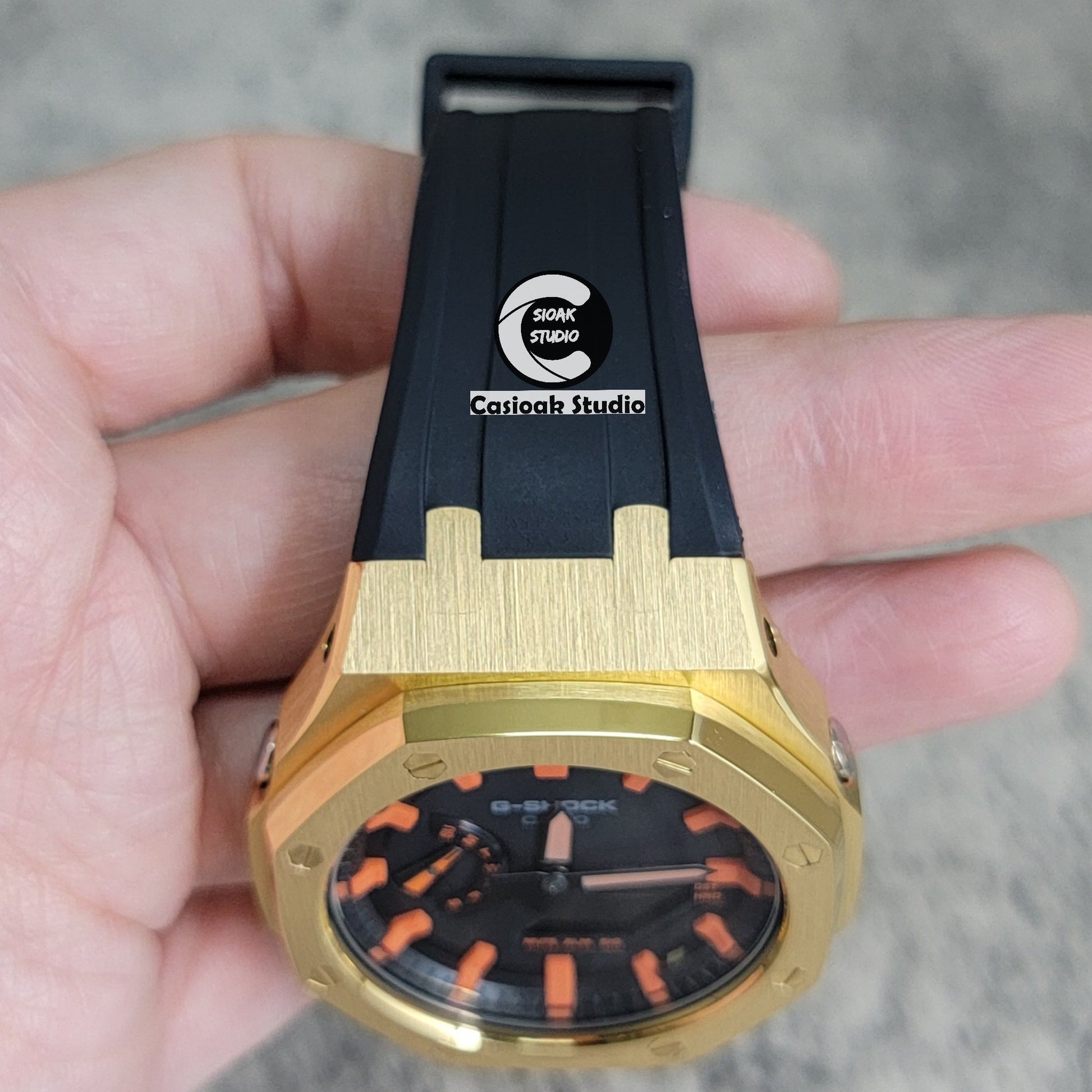 Casioak Mod Watch Gold Case Blackl Rubber Strap Black Orange Time Mark Black Dial 44mm- Casioak Mod Casio G-Shock Royal Oak Custom Mens Luxury Watches Ga2100