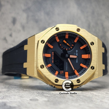 Casioak Mod Watch Gold Case Blackl Rubber Strap Black Orange Time Mark Black Dial 44mm- Casioak Mod Casio G-Shock Royal Oak Custom Mens Luxury Watches Ga2100