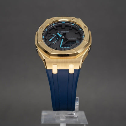 Casioak Mod Watch Gold Case Blue Rubber Strap Black Time Mark Black Dial 44mm Blue- Casioak Mod Casio G-Shock Royal Oak Custom Mens Luxury Watches Ga2100