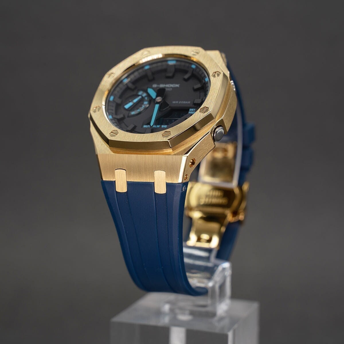 Casioak Mod Watch Gold Case Blue Rubber Strap Black Time Mark Black Dial 44mm Blue- Casioak Mod Casio G-Shock Royal Oak Custom Mens Luxury Watches Ga2100