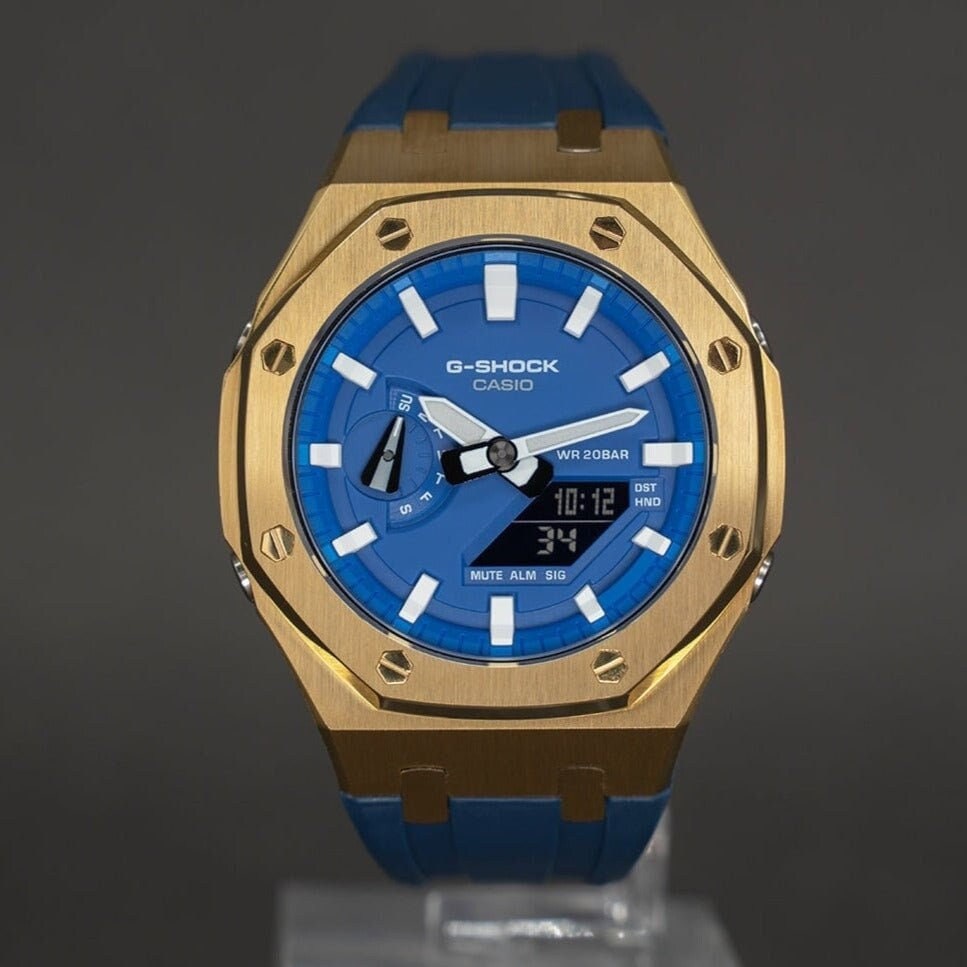 Casioak Mod Watch Gold Case Blue Rubber Strap Blue White Time Mark Blue Dial 44mm- Casioak Mod Casio G-Shock Royal Oak Custom Mens Luxury Watches Ga2100