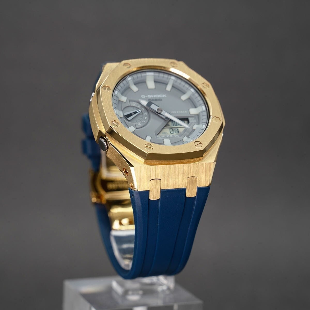 Casioak Mod Watch Gold Case Blue Rubber Strap Gray Luminous Time Mark Gray Dial 44mm- Casioak Mod Casio G-Shock Royal Oak Custom Mens Luxury Watches Ga2100