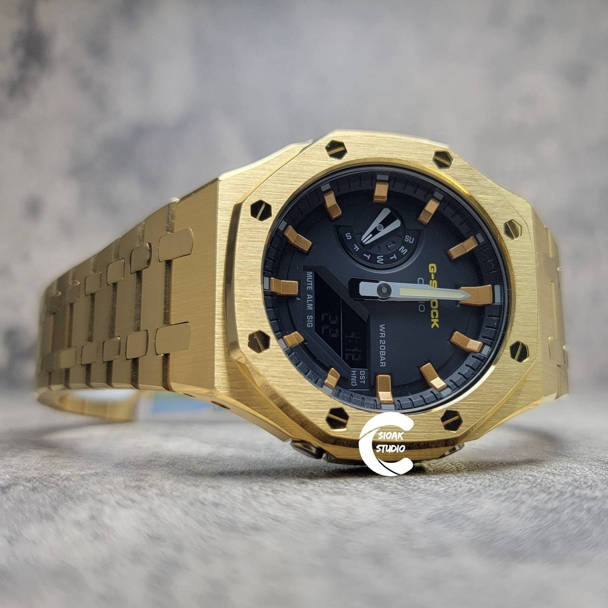 Casioak Mod Watch Gold Case Metal Strap Black Bronze Time Mark Black Dial 44mm- Casioak Mod Casio G-Shock Royal Oak Custom Mens Luxury Watches Ga2100