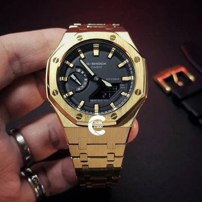 Casioak Mod Watch Gold Case Metal Strap Black Gold Time Mark Black Dial 44mm- Casioak Mod Casio G-Shock Royal Oak Custom Mens Luxury Watches Ga2100