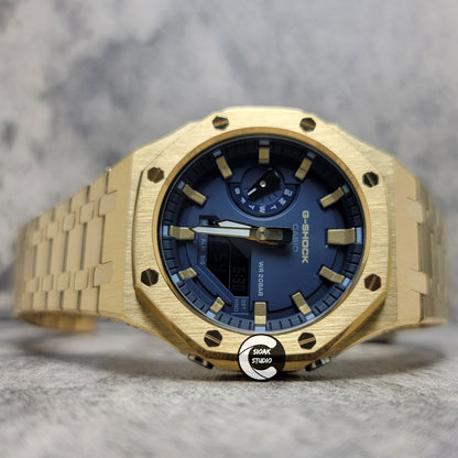 Casioak Mod Watch Gold Case Metal Strap Black Gold Time Mark Blue Dial 44mm- Casioak Mod Casio G-Shock Royal Oak Custom Mens Luxury Watches Ga2100