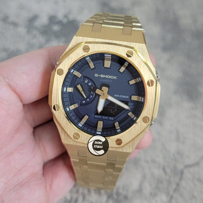 Casioak Mod Watch Gold Case Metal Strap Black Gold Time Mark Blue Dial 44mm- Casioak Mod Casio G-Shock Royal Oak Custom Mens Luxury Watches Ga2100