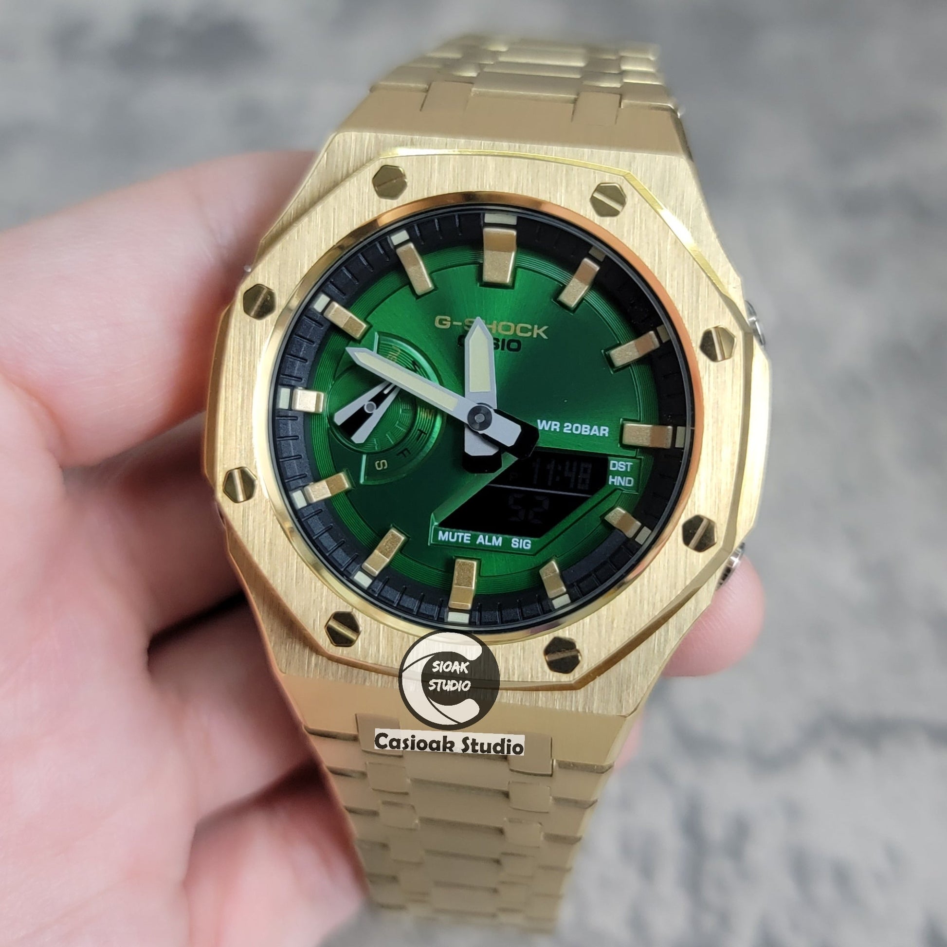 Casioak Mod Watch Gold Case Metal Strap Black Gold Time Mark Green Dial 44mm- Casioak Mod Casio G-Shock Royal Oak Custom Mens Luxury Watches Ga2100