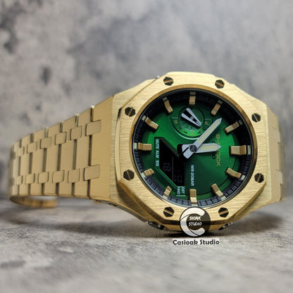 Casioak Mod Watch Gold Case Metal Strap Black Gold Time Mark Green Dial 44mm- Casioak Mod Casio G-Shock Royal Oak Custom Mens Luxury Watches Ga2100