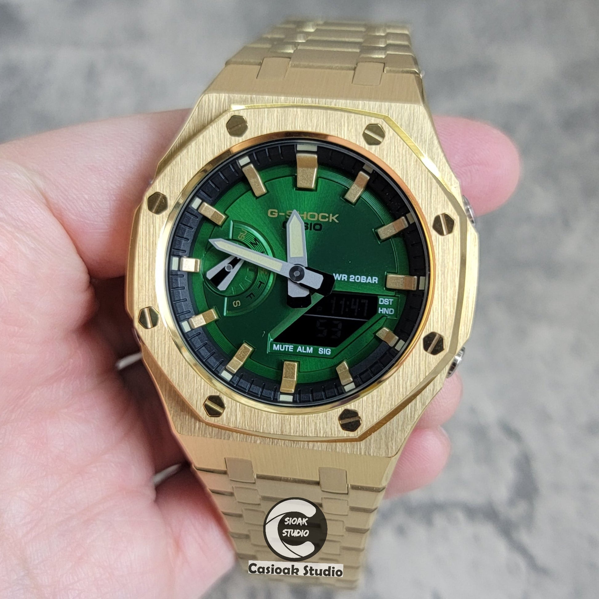 Casioak Mod Watch Gold Case Metal Strap Black Gold Time Mark Green Dial 44mm- Casioak Mod Casio G-Shock Royal Oak Custom Mens Luxury Watches Ga2100