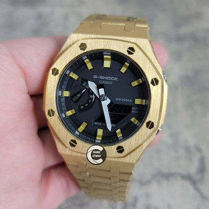 Casioak Mod Watch Gold Case Metal Strap Black Gold Verrtical Stripe Time Mark Black Dial 44mm- Casioak Mod Casio G-Shock Royal Oak Custom Mens Luxury Watches Ga2100