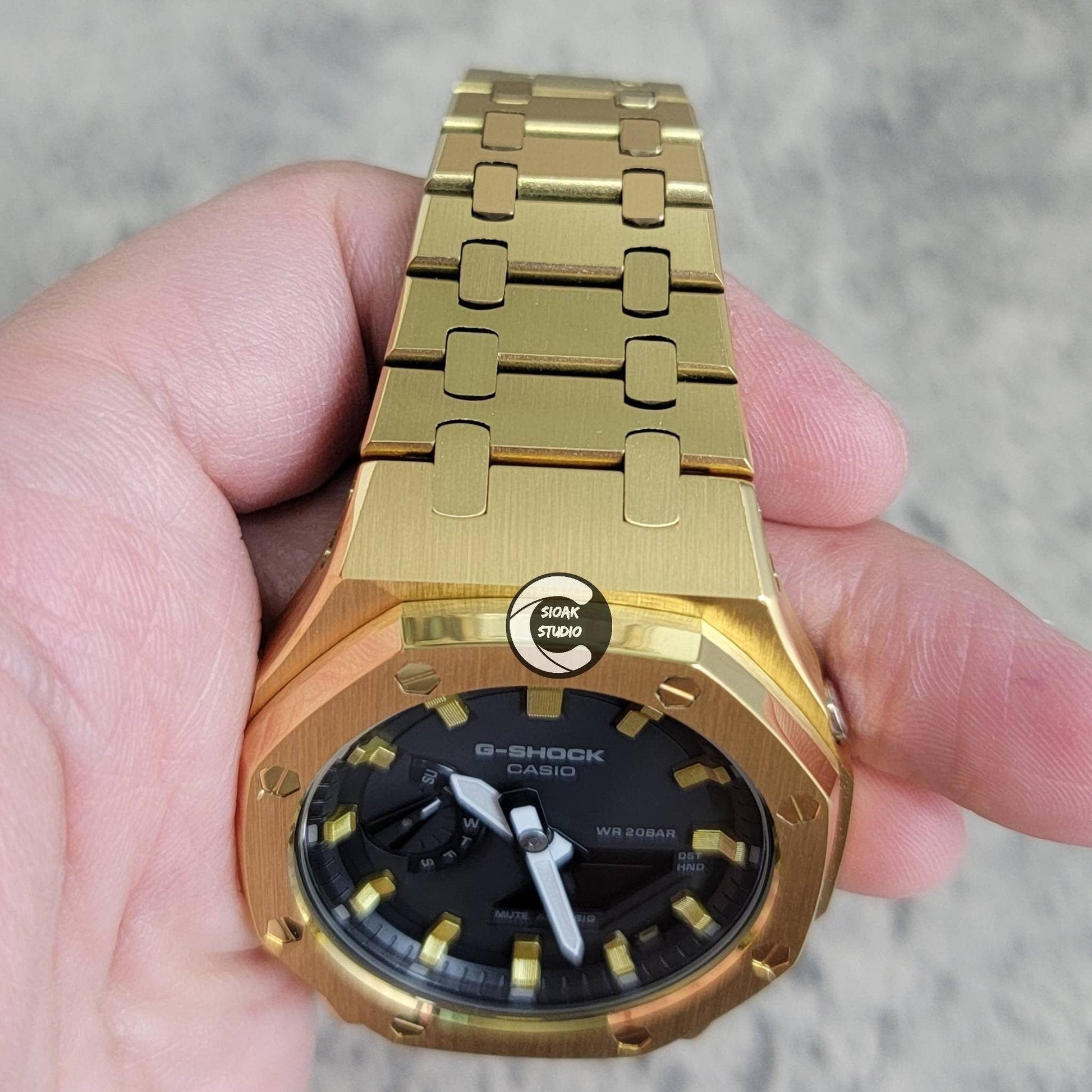 Casioak Mod Watch Gold Case Metal Strap Black Gold Verrtical Stripe Time Mark Black Dial 44mm- Casioak Mod Casio G-Shock Royal Oak Custom Mens Luxury Watches Ga2100