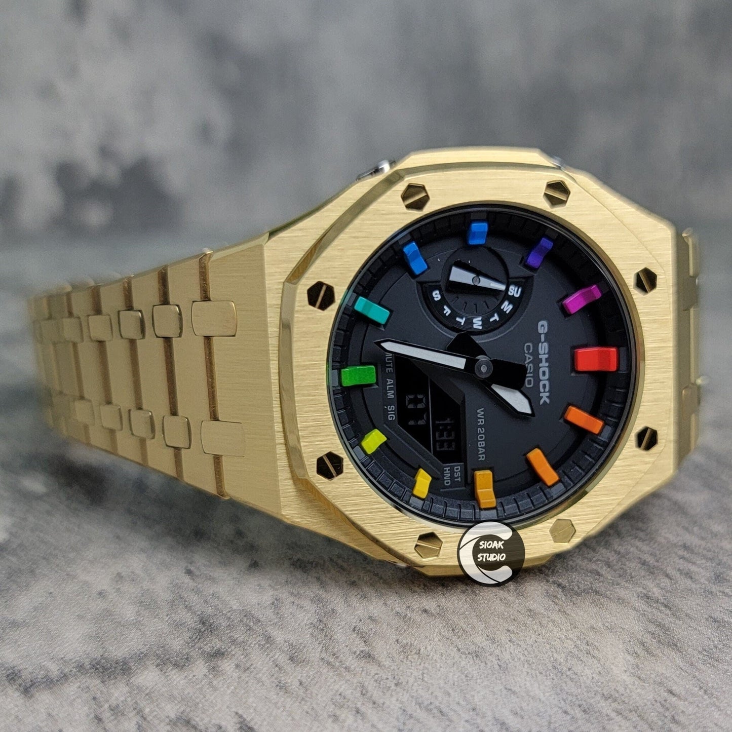 Casioak Mod Watch Gold Case Metal Strap Black Rainbow Time Mark Black Dial 44mm- Casioak Mod Casio G-Shock Royal Oak Custom Mens Luxury Watches Ga2100