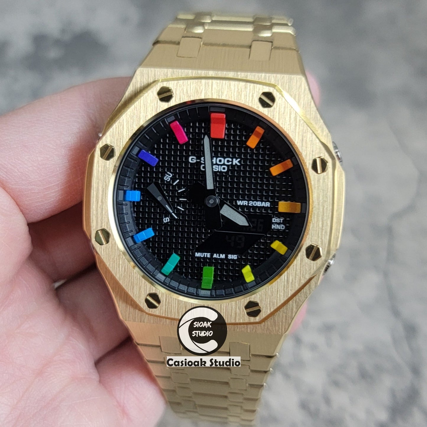 Casioak Mod Watch Gold Case Metal Strap Black Rainbow Time Mark Black Waffle Dial 44mm- Casioak Mod Casio G-Shock Royal Oak Custom Mens Luxury Watches Ga2100