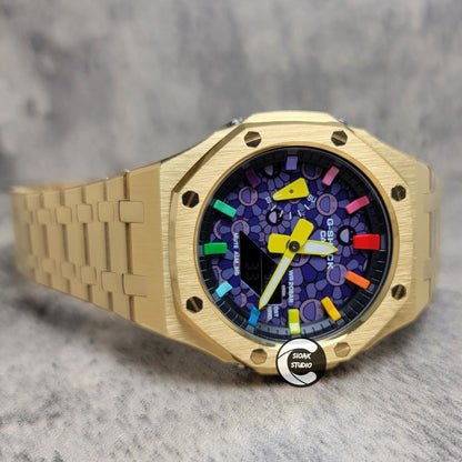 Casioak Mod Watch Gold Case Metal Strap Black Rainbow Time Mark Takashi Murakami Dial 44mm- Casioak Mod Casio G-Shock Royal Oak Custom Mens Luxury Watches Ga2100