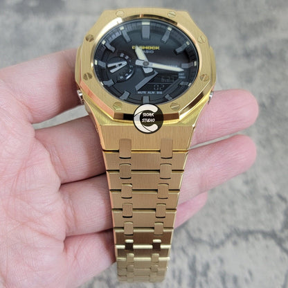 Casioak Mod Watch Gold Case Metal Strap Black Time Mark Black Dial 44mm- Casioak Mod Casio G-Shock Royal Oak Custom Mens Luxury Watches Ga2100