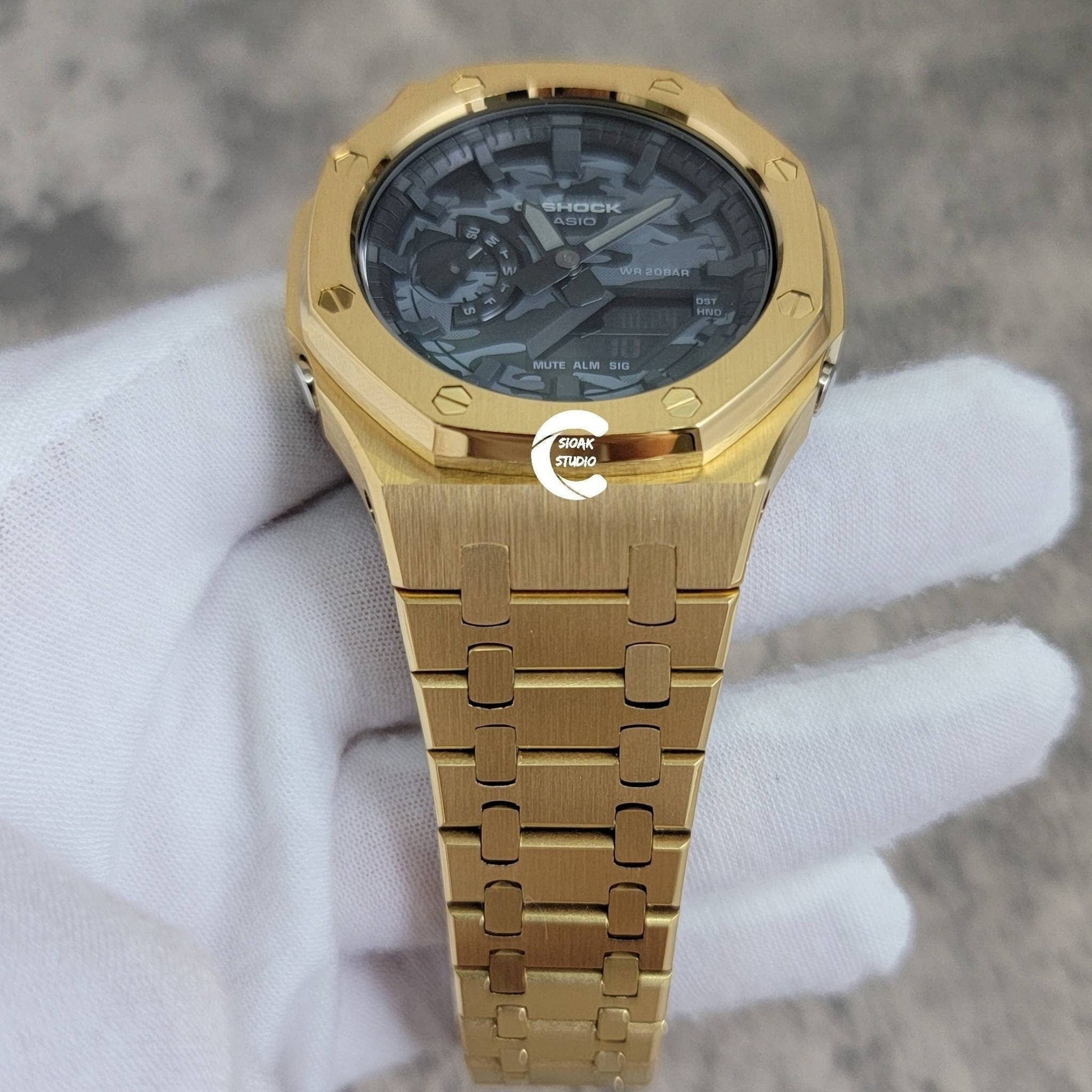 Casioak Mod Watch Gold Case Metal Strap Black Time Mark Camouflage Dial 44mm- Casioak Mod Casio G-Shock Royal Oak Custom Mens Luxury Watches Ga2100