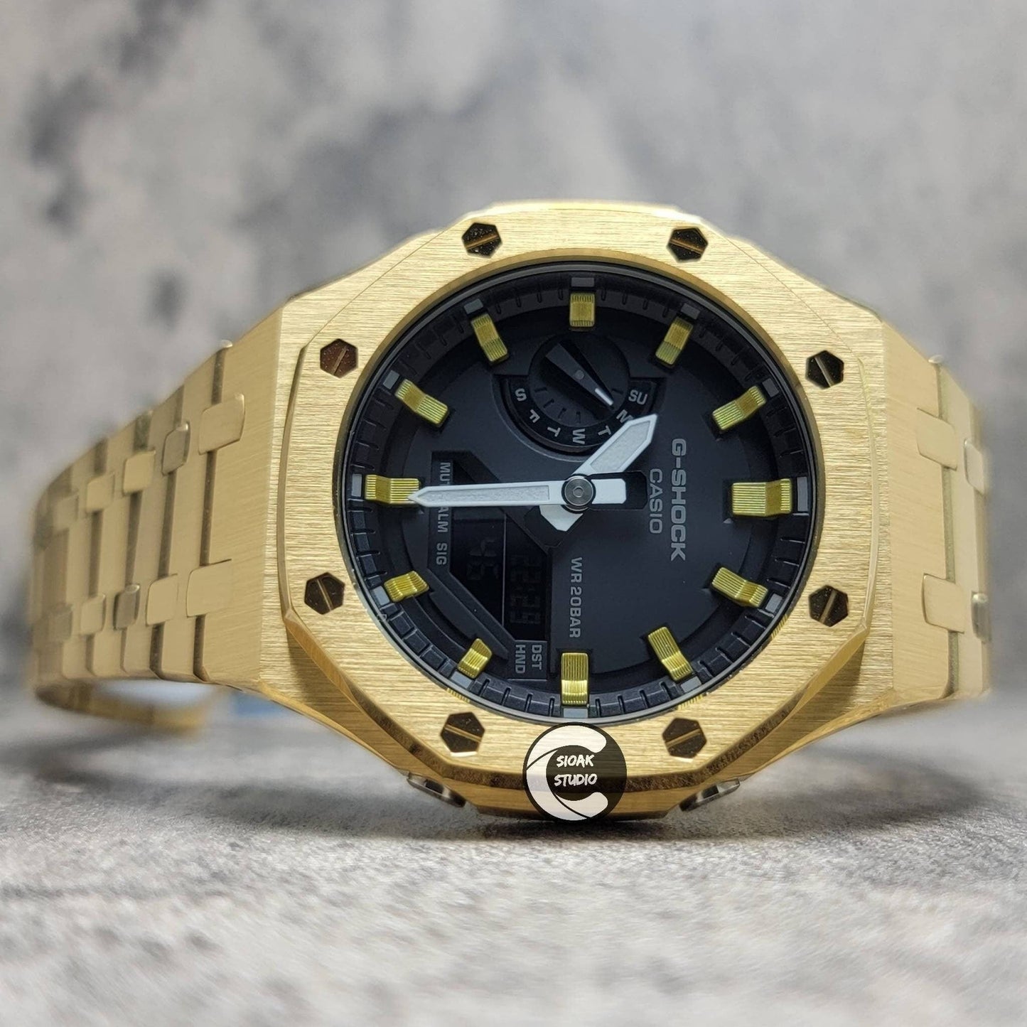 Casioak Mod Watch Gold Case Metal Strap Black Vertical Stripes Gold Time Mark Black Dial 44mm- Casioak Mod Casio G-Shock Royal Oak Custom Mens Luxury Watches Ga2100