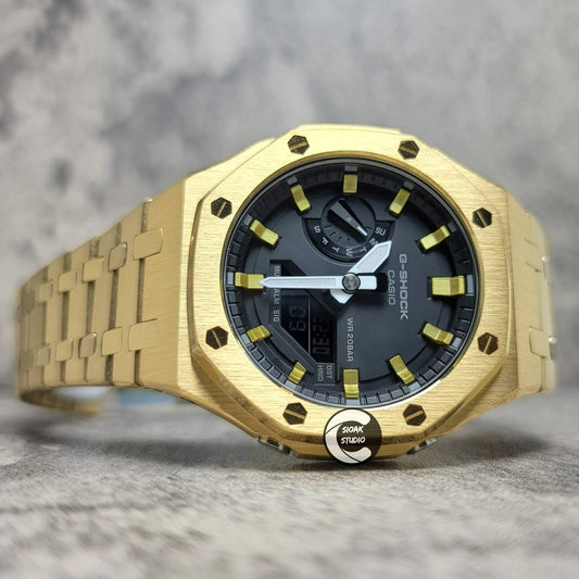 Casioak Mod Watch Gold Case Metal Strap Black Vertical Stripes Gold Time Mark Black Dial 44mm- Casioak Mod Casio G-Shock Royal Oak Custom Mens Luxury Watches Ga2100