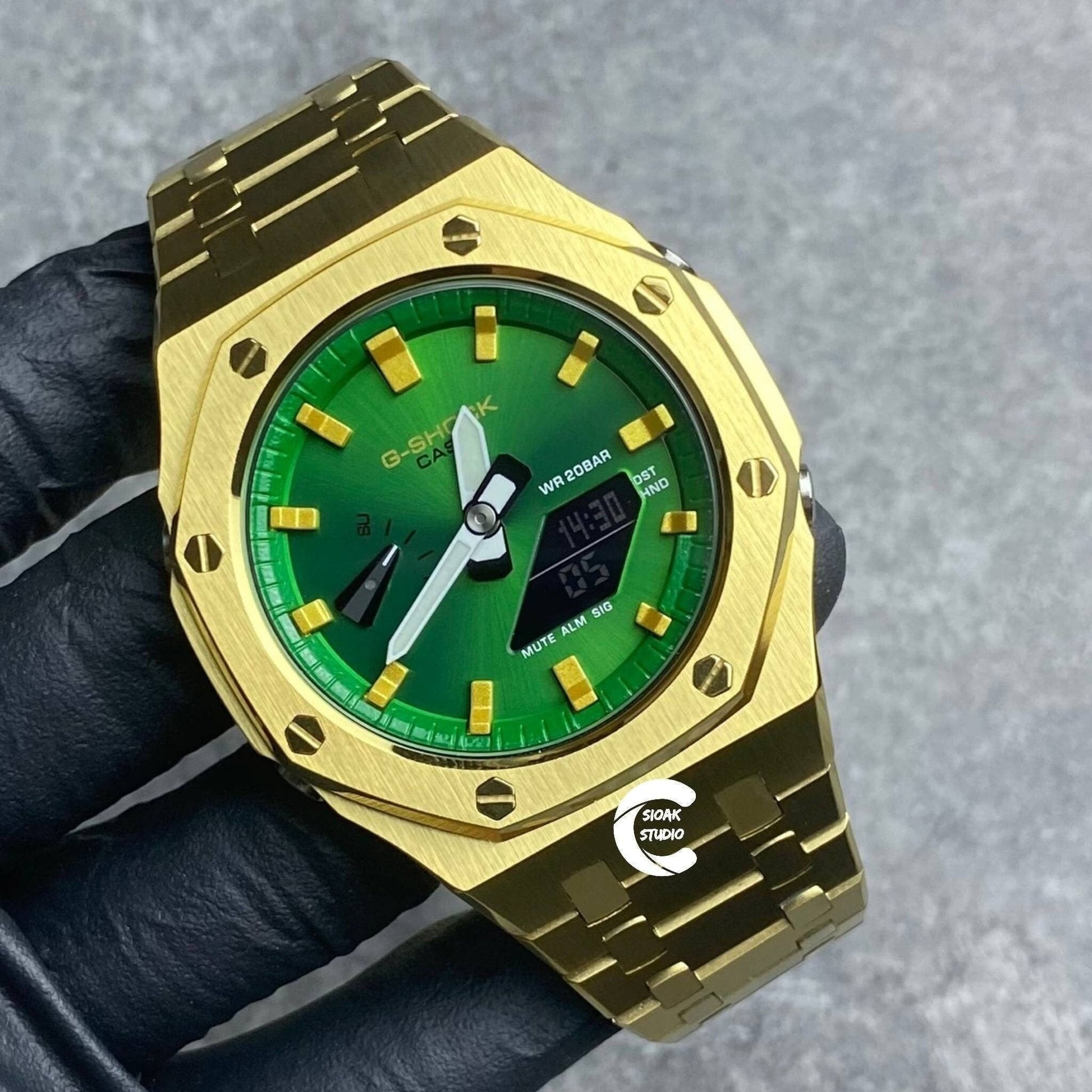 Casioak Mod Watch Gold Case Metal Strap Green Gold Time Mark Green Dial 44mm- Casioak Mod Casio G-Shock Royal Oak Custom Mens Luxury Watches Ga2100