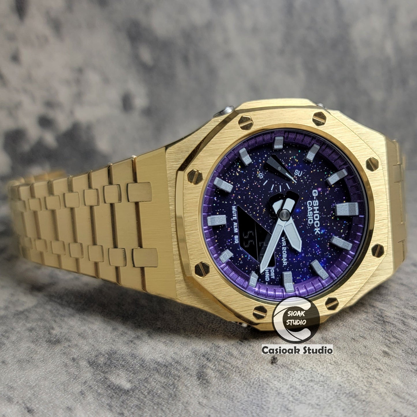 Casioak Mod Watch Gold Case Metal Strap Purple Silver Time Mark Purple Dial 44mm- Casioak Mod Casio G-Shock Royal Oak Custom Mens Luxury Watches Ga2100