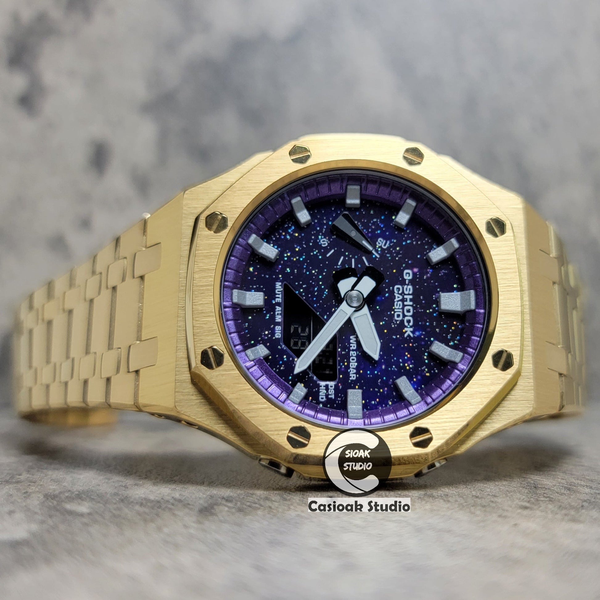 Casioak Mod Watch Gold Case Metal Strap Purple Silver Time Mark Purple Dial 44mm- Casioak Mod Casio G-Shock Royal Oak Custom Mens Luxury Watches Ga2100